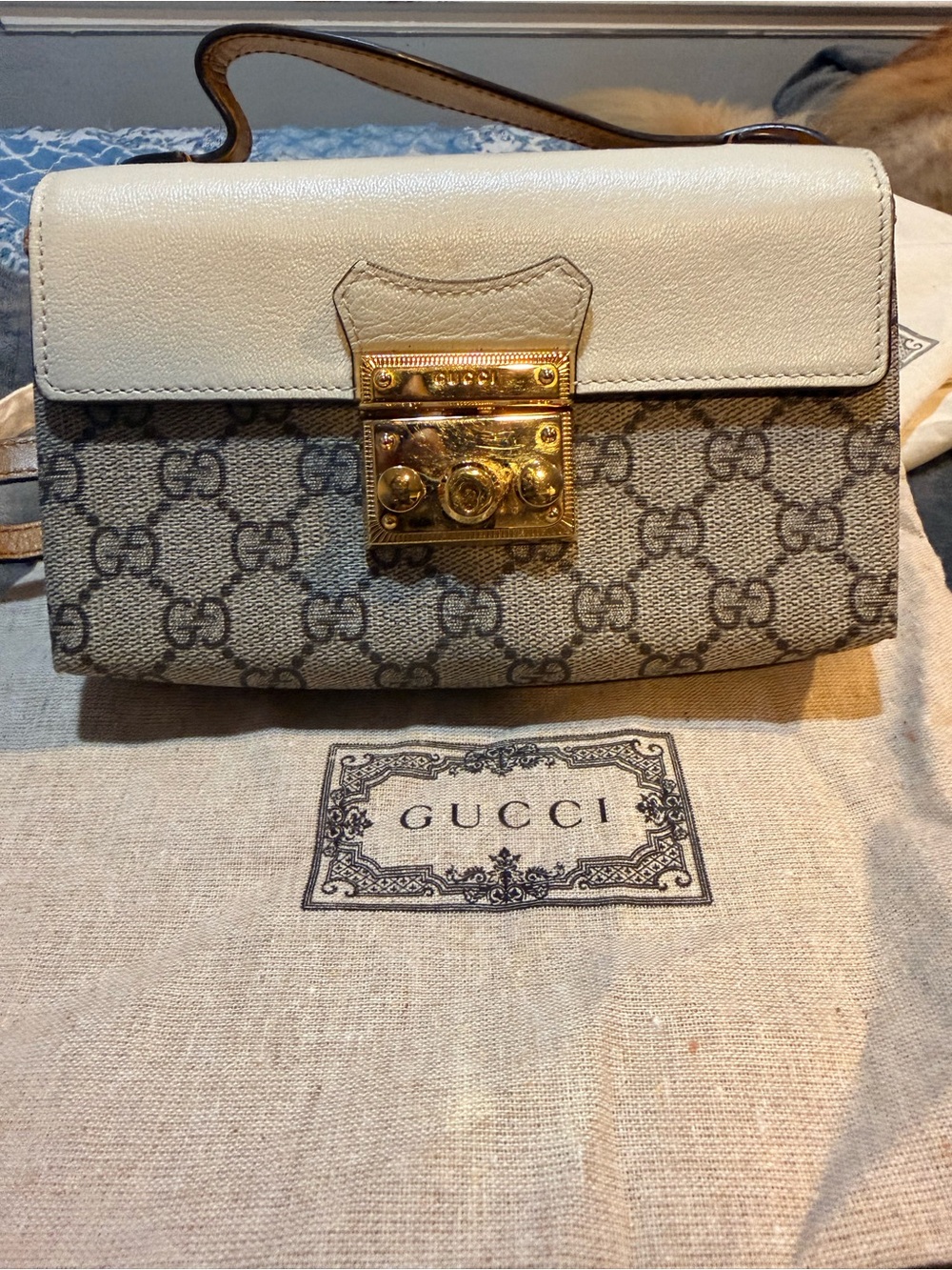 Gucci Beige GG Canvas Crossbody with White Leather Flap and Gold Hardware